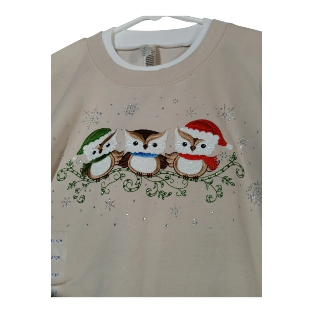 Vintage Morning Sun Embellished Owl Christmas Sweatshirt Embroidered NOS/ NWT XL - Picture 3 of 8